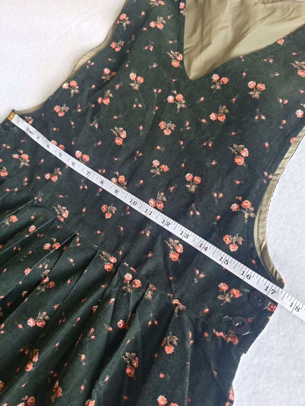 💙 Floral Corduroy Pinafore Midi Dress Size M Pleated Olive Green Sleeveless Jum - Picture 4 of 8